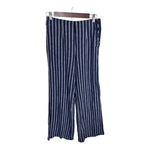 Gap Navy Blue Linen Blend Wide Leg Striped‎ Side Button Coastal Pants Size 4R
